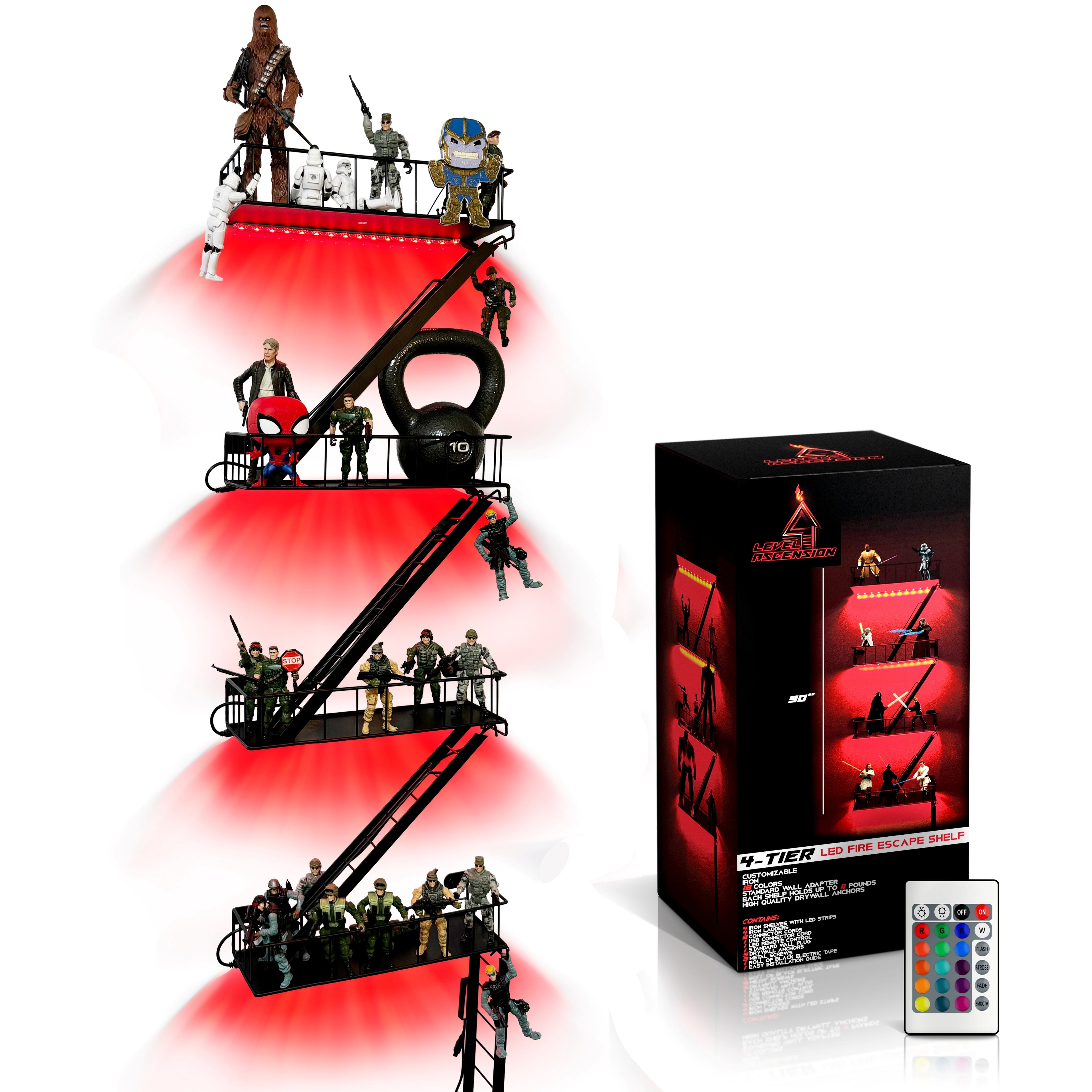 LED 4-Tier Fire Escape Shelf with LED Light Strips Pre-Attached and Remote Control - Iron Fire Escape Wall Shelf w/ 44lb weight capacity. Floating Shelves with Lights for Any Room.