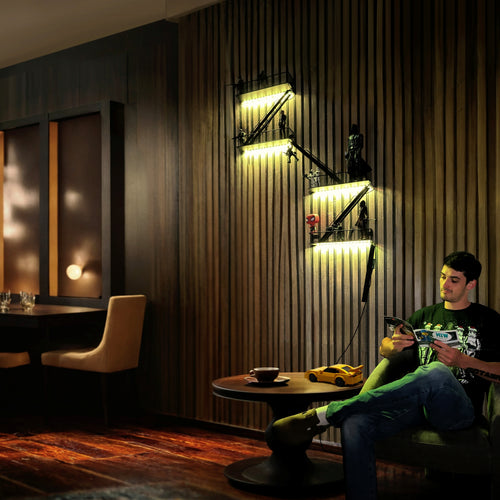 LED 4-Tier Fire Escape Shelf with LED Light Strips Pre-Attached and Remote Control - Iron Fire Escape Wall Shelf w/ 44lb weight capacity. Floating Shelves with Lights for Any Room.