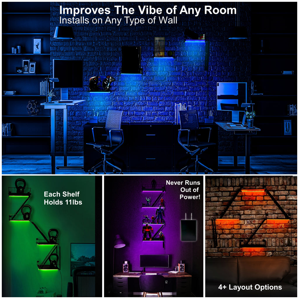 LED 4-Tier Fire Escape Shelf with LED Light Strips Pre-Attached and Remote Control - Iron Fire Escape Wall Shelf w/ 44lb weight capacity. Floating Shelves with Lights for Any Room.