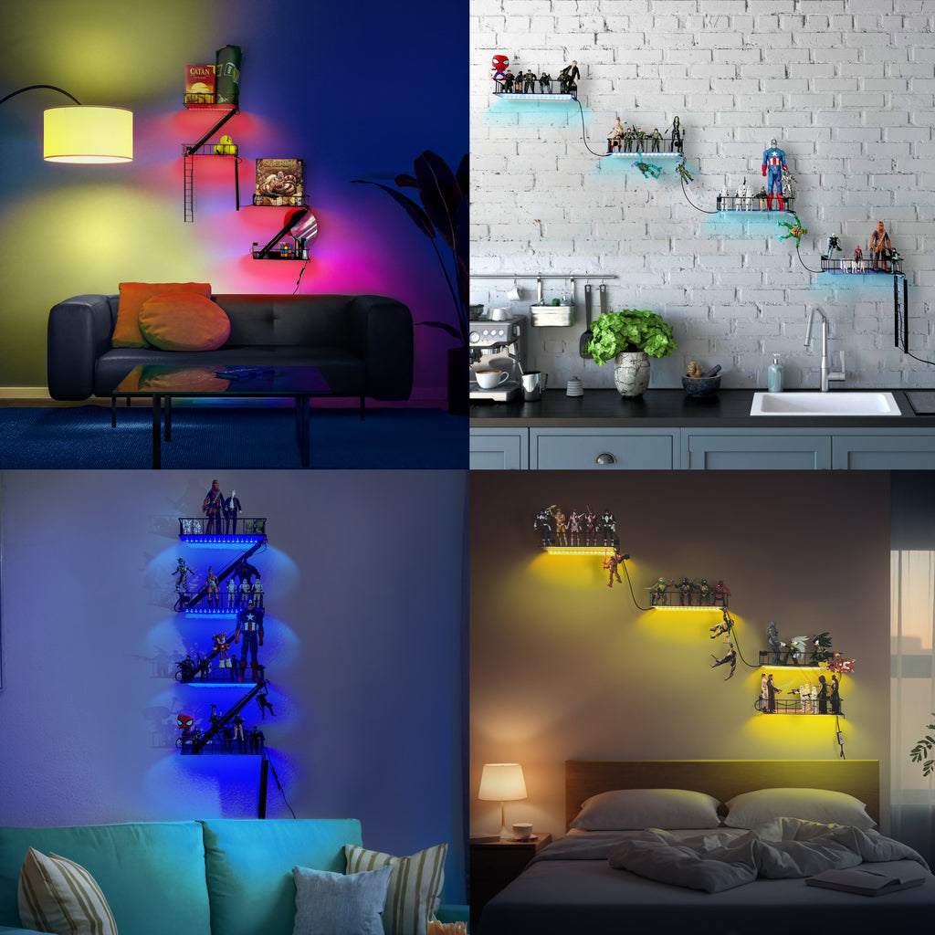 LED 4-Tier Fire Escape Shelf with LED Light Strips Pre-Attached and Remote Control - Iron Fire Escape Wall Shelf w/ 44lb weight capacity. Floating Shelves with Lights for Any Room.