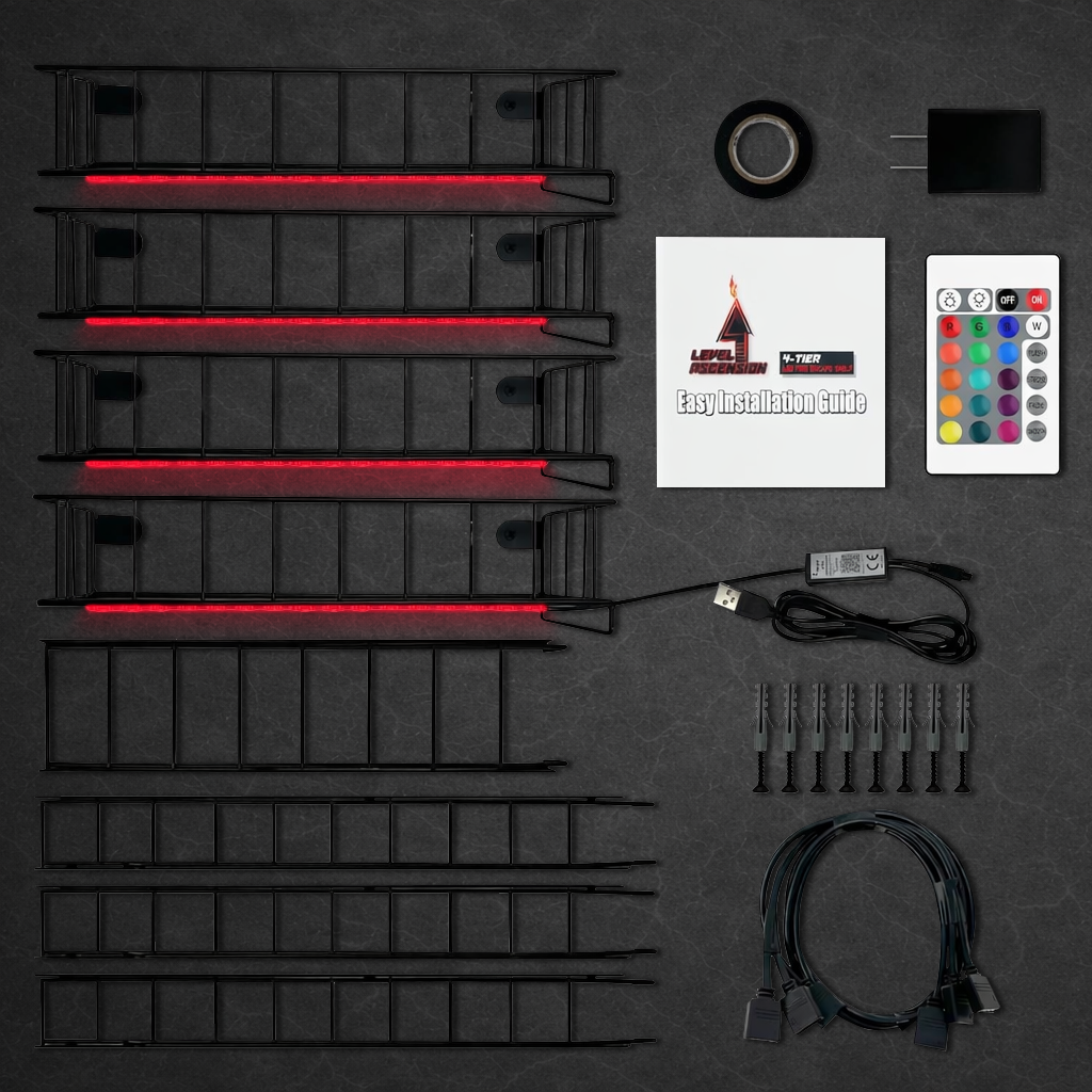 LED 4-Tier Fire Escape Shelf with LED Light Strips Pre-Attached and Remote Control - Iron Fire Escape Wall Shelf w/ 44lb weight capacity. Floating Shelves with Lights for Any Room.