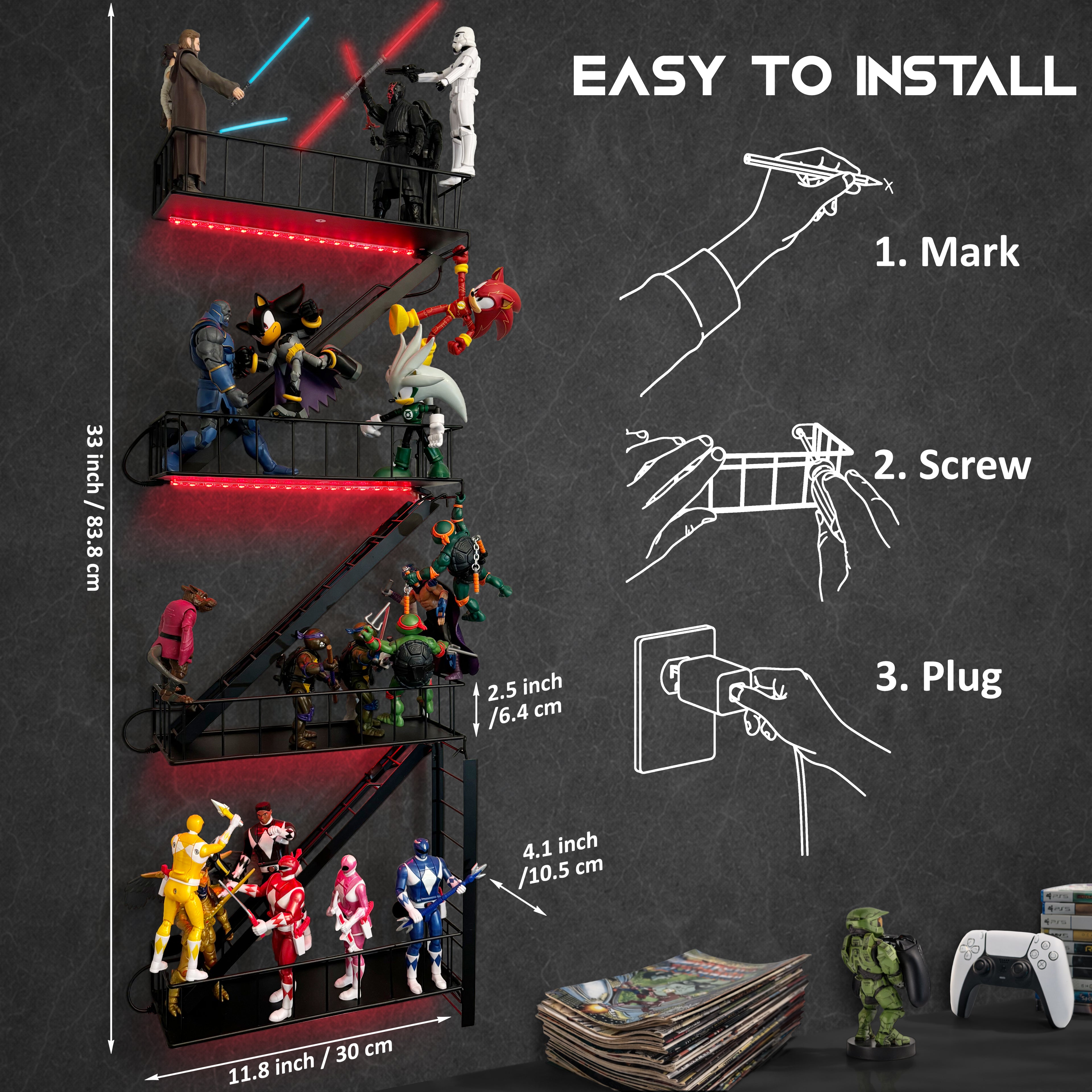 LED 4-Tier Fire Escape Shelf with LED Light Strips Pre-Attached and Remote Control - Iron Fire Escape Wall Shelf w/ 44lb weight capacity. Floating Shelves with Lights for Any Room.