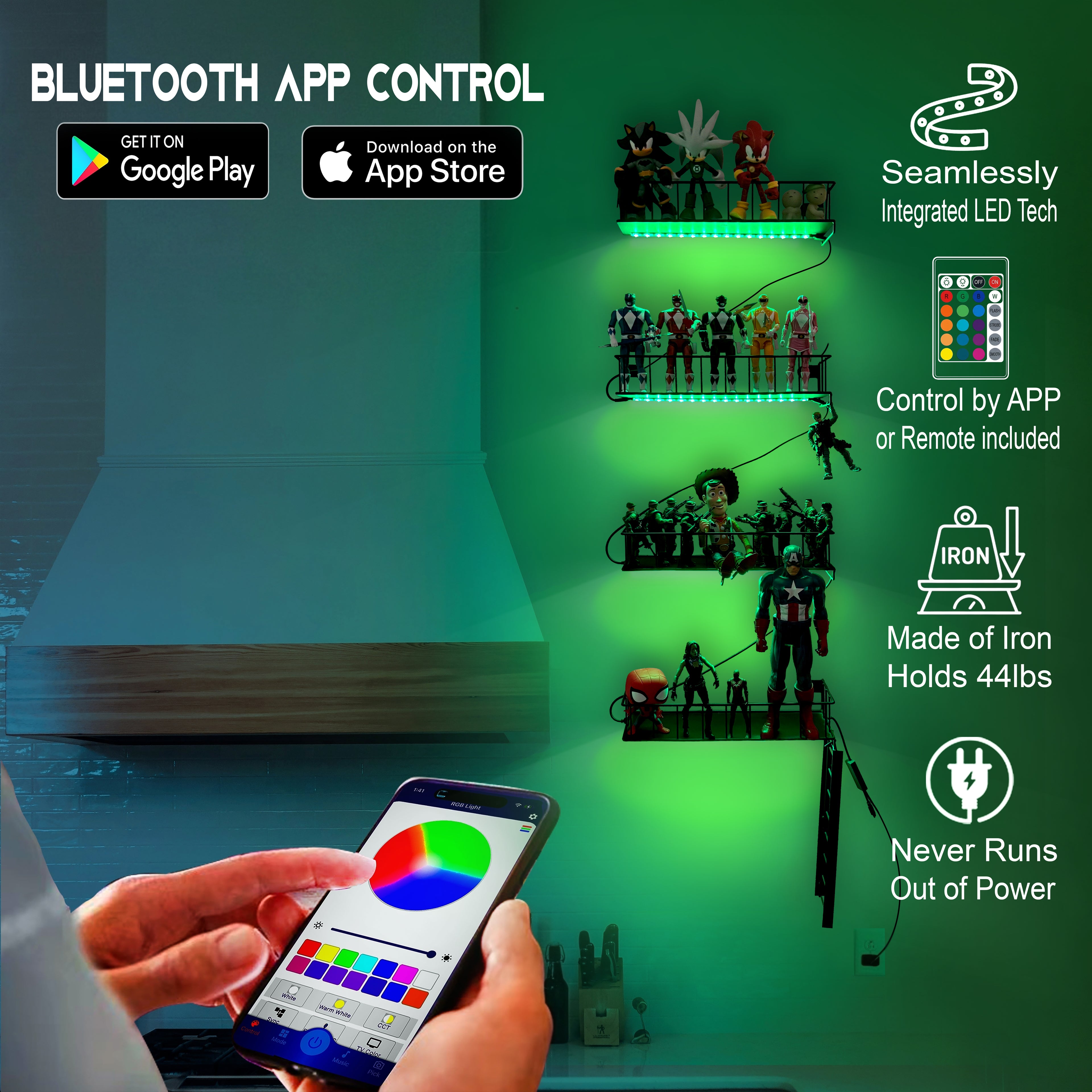 LED 4-Tier Fire Escape Shelf with LED Light Strips Pre-Attached and Remote Control - Iron Fire Escape Wall Shelf w/ 44lb weight capacity. Floating Shelves with Lights for Any Room.