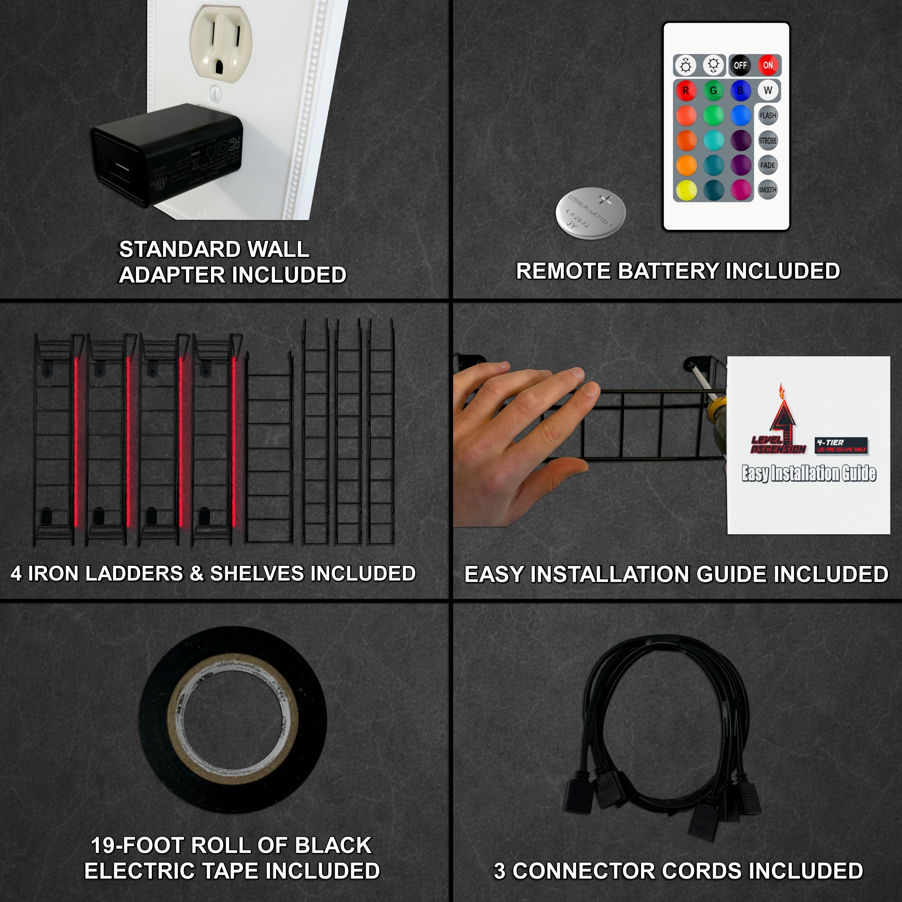 LED 4-Tier Fire Escape Shelf with LED Light Strips Pre-Attached and Remote Control - Iron Fire Escape Wall Shelf w/ 44lb weight capacity. Floating Shelves with Lights for Any Room.